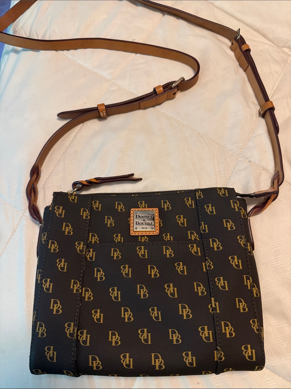 Dooney & Bourke Dark Brown Signature DB Canvas Crossbody with Tan Leather Trim